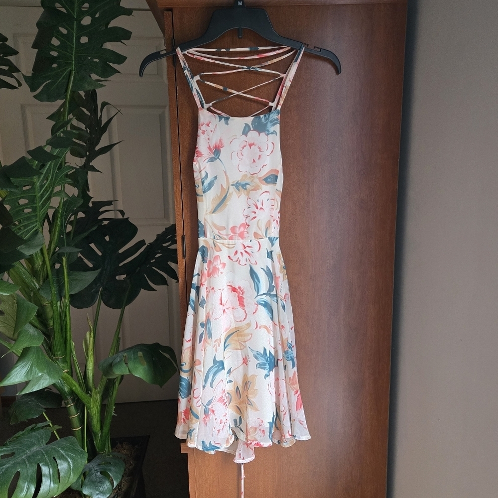 Lulu's Natural World Cream Floral Print Lace-up Skater Dress XS - Picture 2 of 6